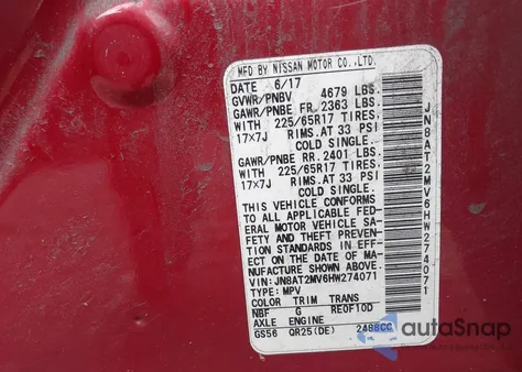 2017 Nissan Rogue Sv from USA, damaged, VIN JN8AT2MV6HW274071